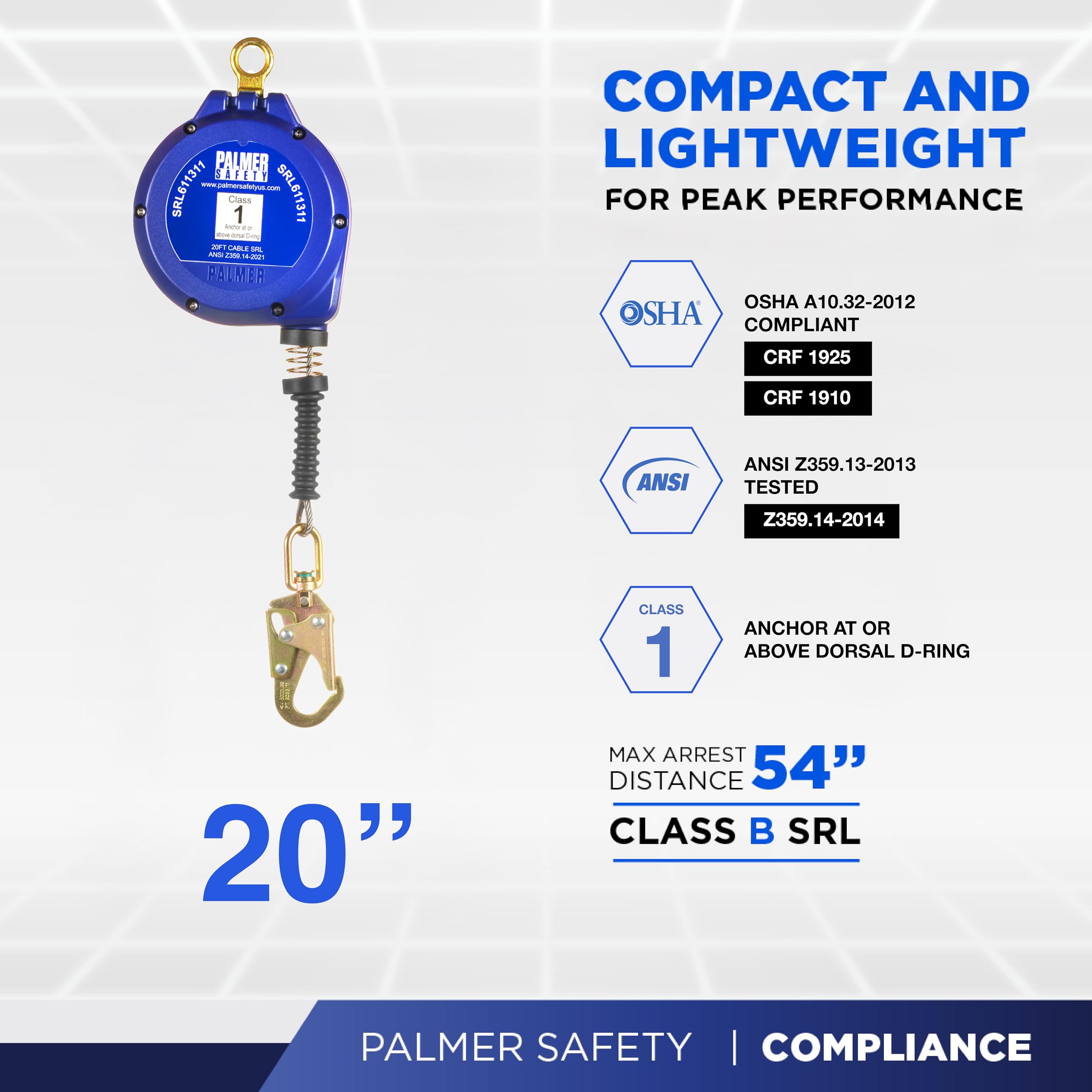 Palmer Safety SRD 20 FT. Self Retracting Lifeline I ANSI Z359.14